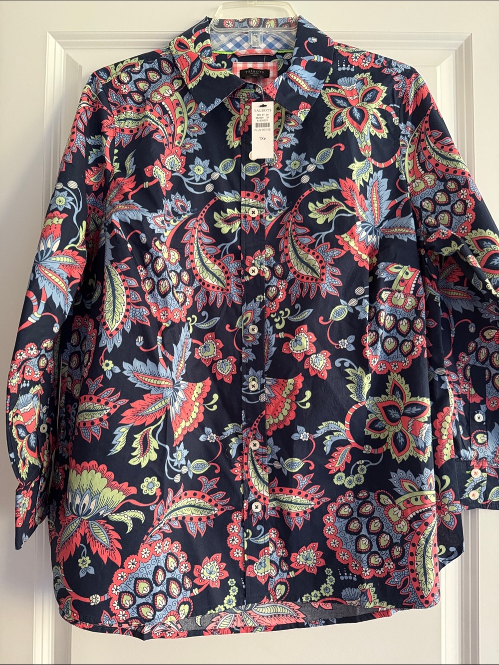 Talbots Navy Floral Paisley Button-Down Shirt with Red and Light Blue Accents